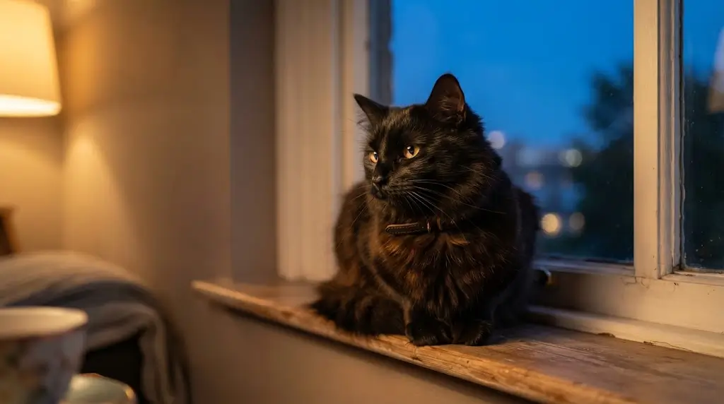 Black cat sitting on a windowsill at dusk, representing black cat meaning and mystery.