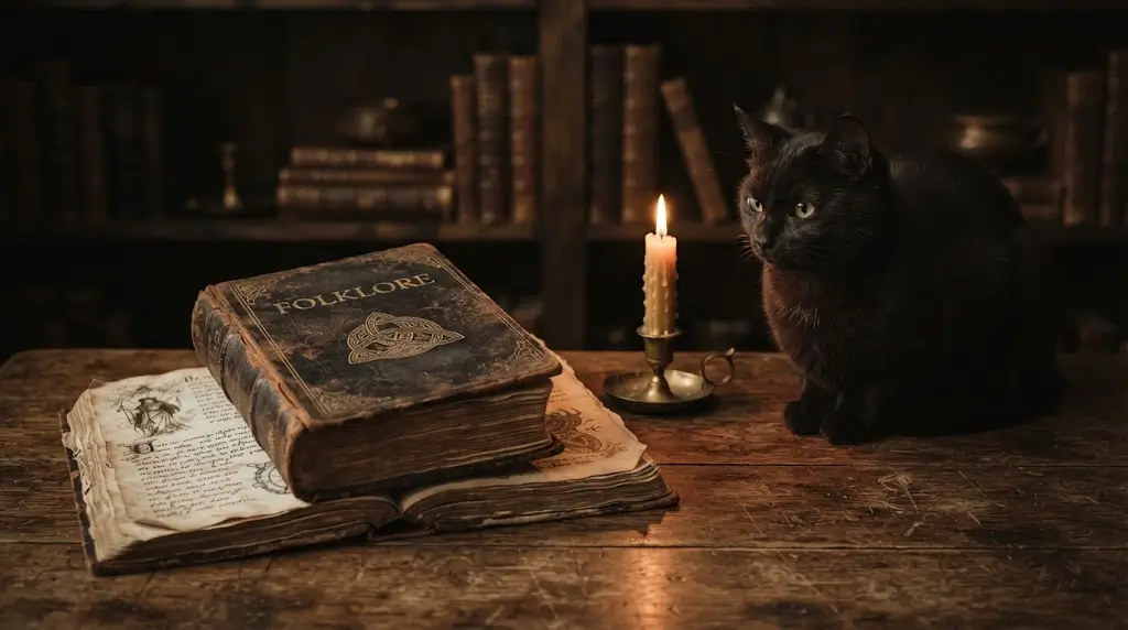 Black cat beside candlelight and an old book, representing black cat meaning in folklore.
