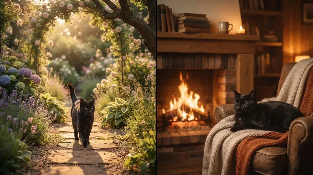 Black cat in a garden and by a fireplace, representing black cat meaning as good fortune.