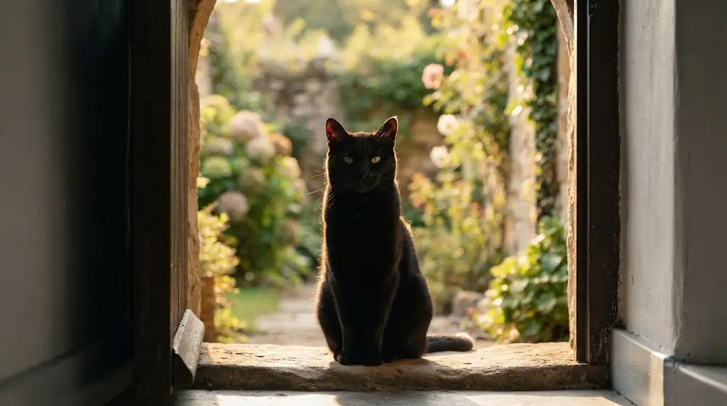 Black cat sitting in a sunlit doorway representing black cat meaning.