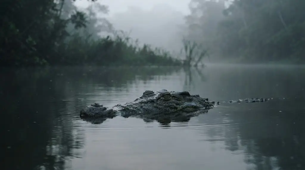 Crocodile resting at the water's surface, representing crocodile dream interpretation and hidden danger.