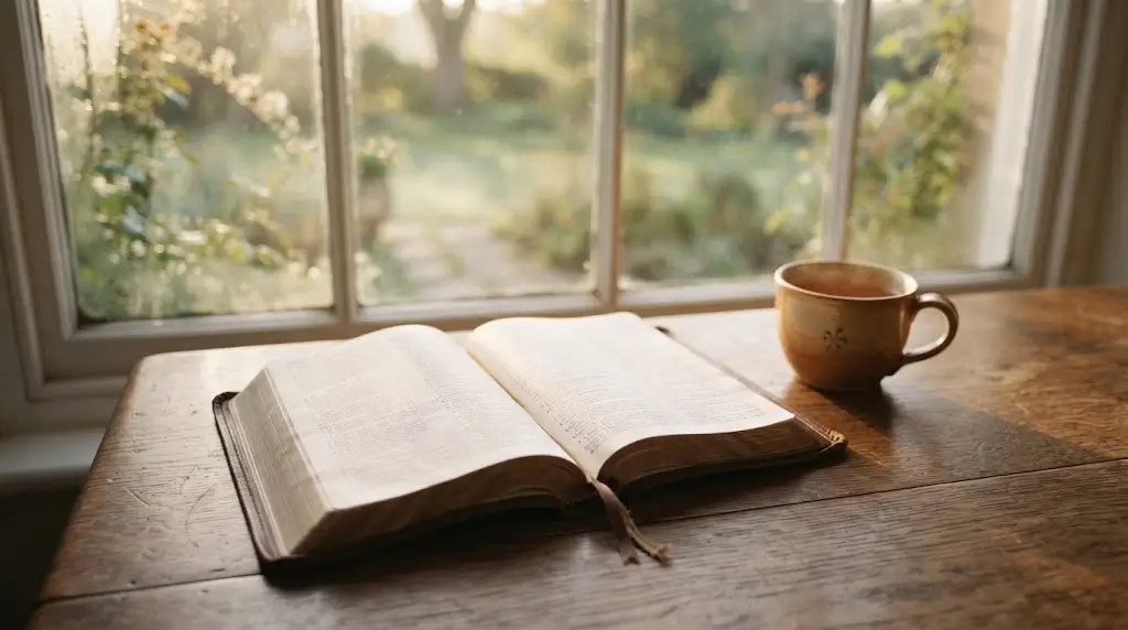 Open Bible in soft morning light, representing biblical reflection on crocodile dream interpretation.