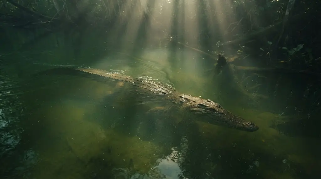 Crocodile swimming beneath murky water, representing hidden emotions in crocodile dream interpretation.