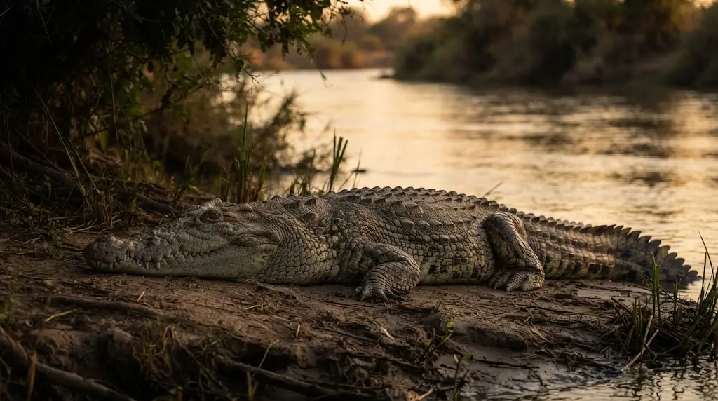 Crocodile resting on a riverbank at golden hour, representing crocodile dream interpretation and hidden power.