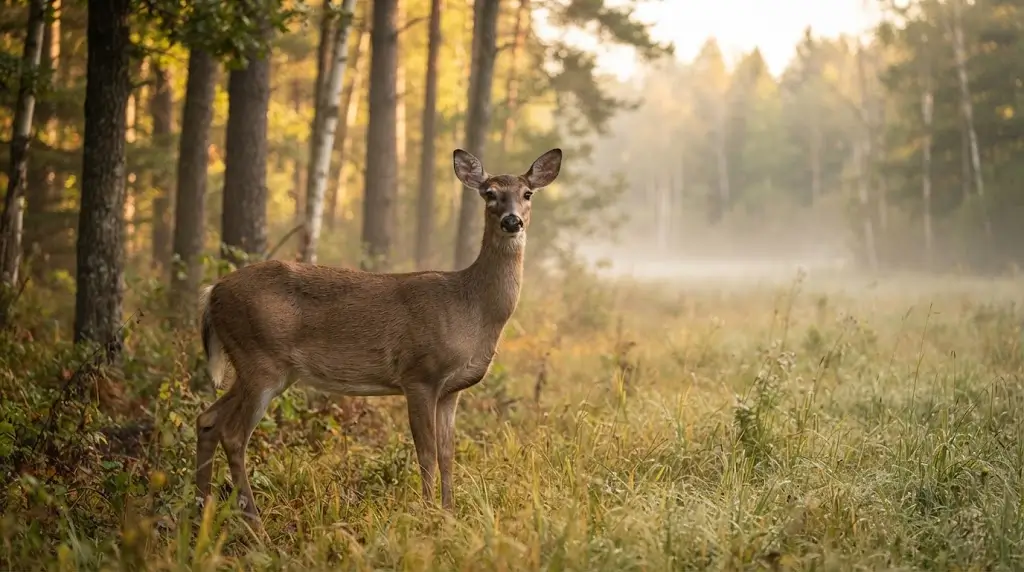Calm deer standing in a misty forest clearing, representing deer spiritual meaning.