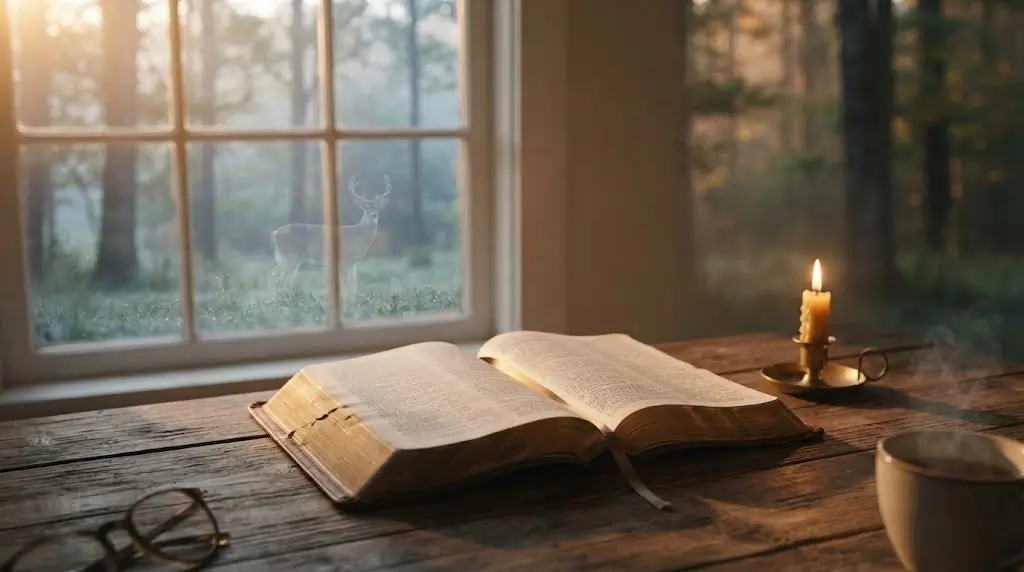 Open Bible with a deer visible through the window, representing deer spiritual meaning in Scripture.