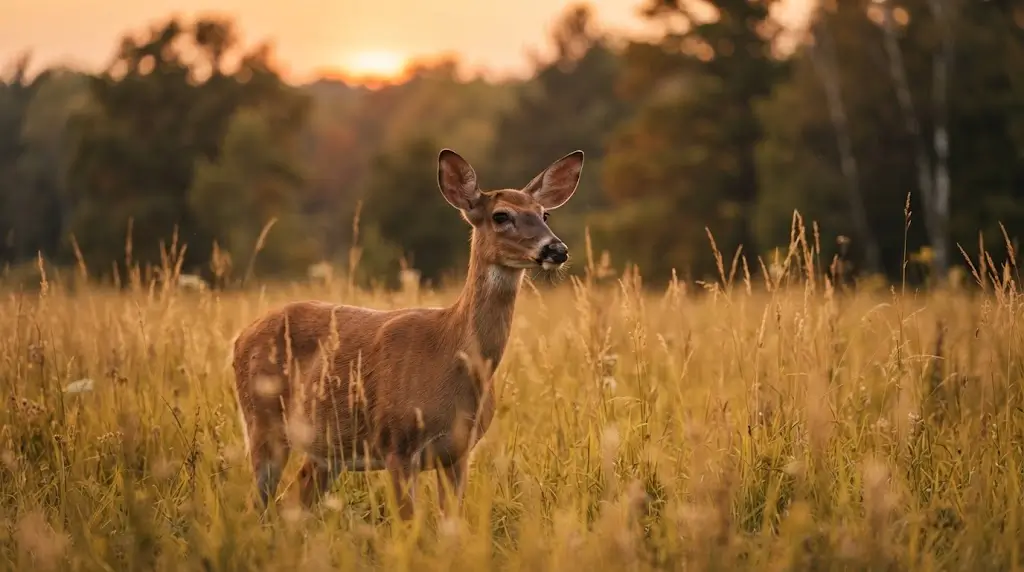 Alert deer standing in tall grass at dusk, representing deer spiritual meaning and awareness.