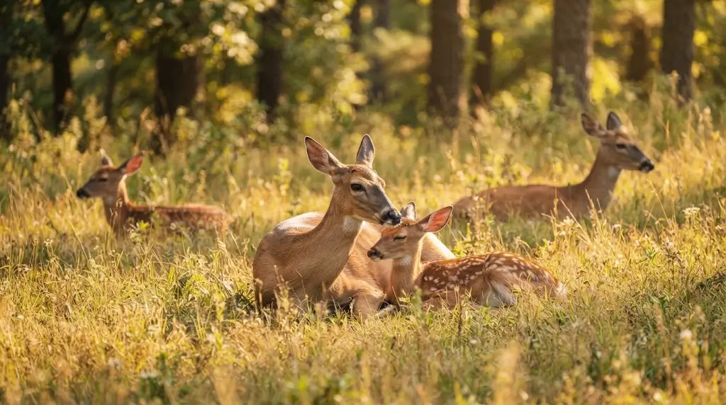Small herd of deer resting together, representing deer spiritual meaning and family connection.
