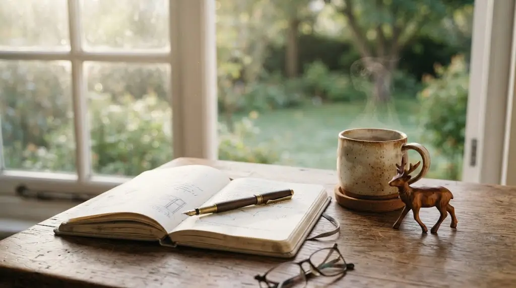 Journal and small deer figurine, symbolizing personal reflection on deer spiritual meaning.