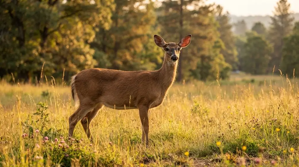 Graceful deer standing in a sunlit meadow representing deer spiritual meaning.