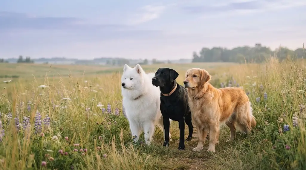 White, black, and golden dogs together representing dog dream color symbolism