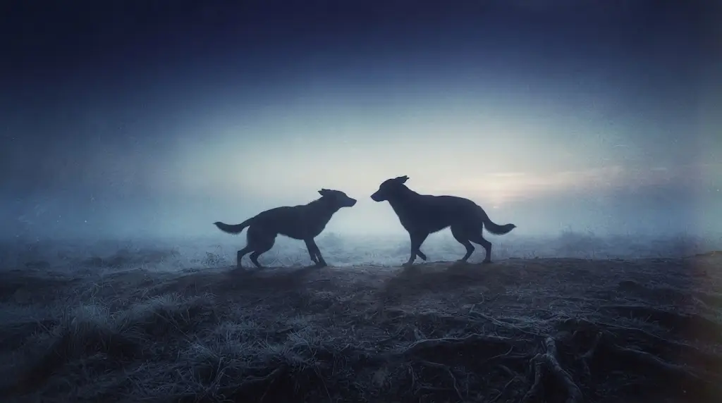 Two dogs facing off in a foggy field, representing conflict scenarios in dog dream meaning