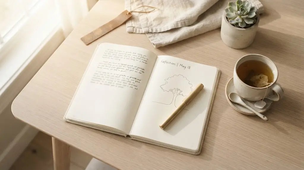 Journal and tea used for tracking dog dream meaning patterns over time