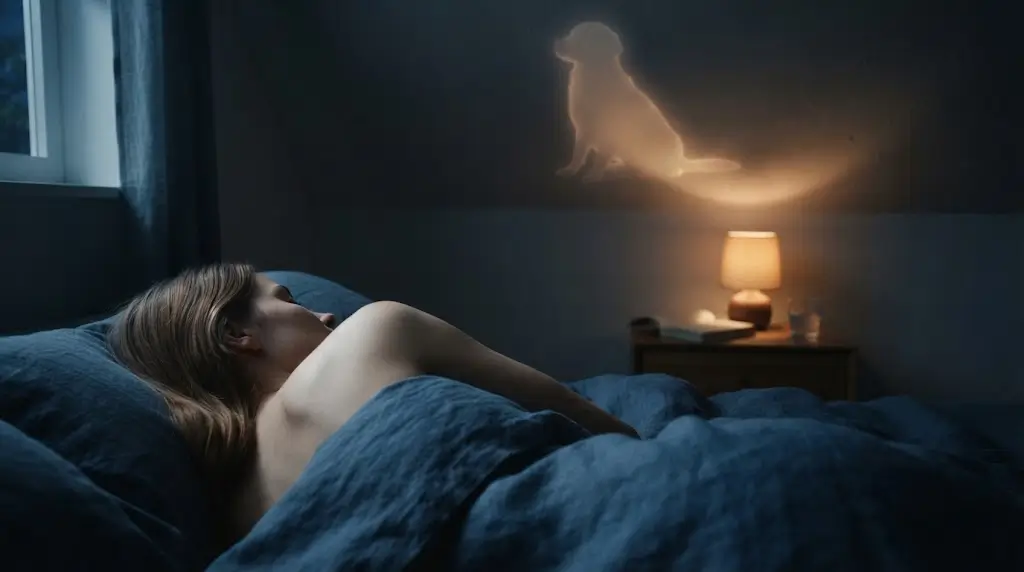 A dog's silhouette blended into bedroom shadows, representing dog dream meaning