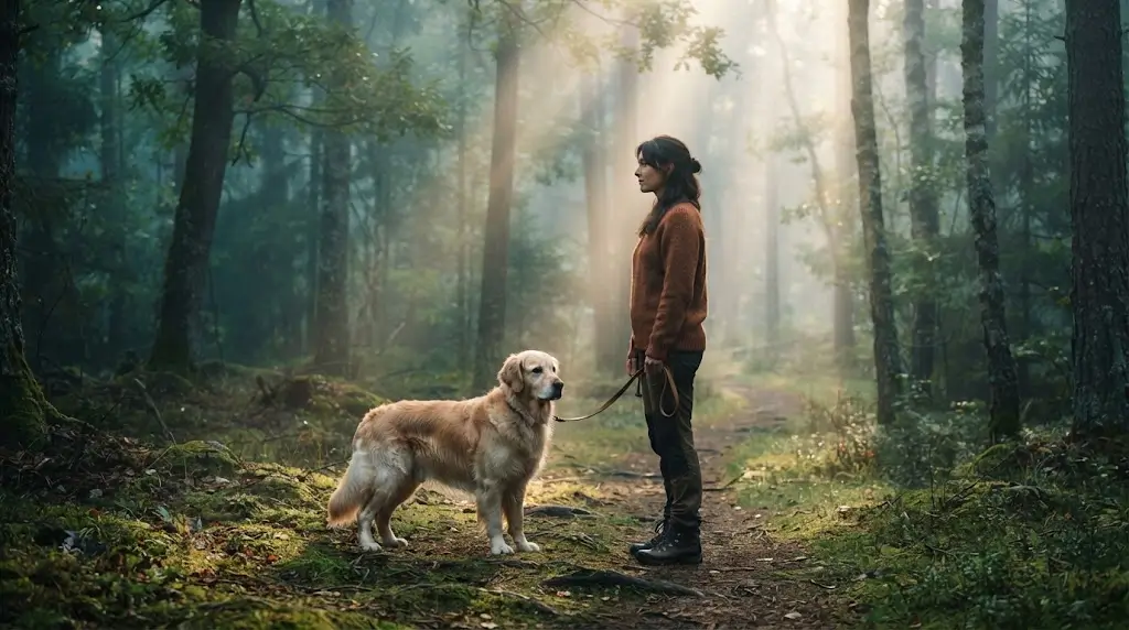 Dog walking beside a person on a misty path, representing the spiritual meaning of dogs in dreams