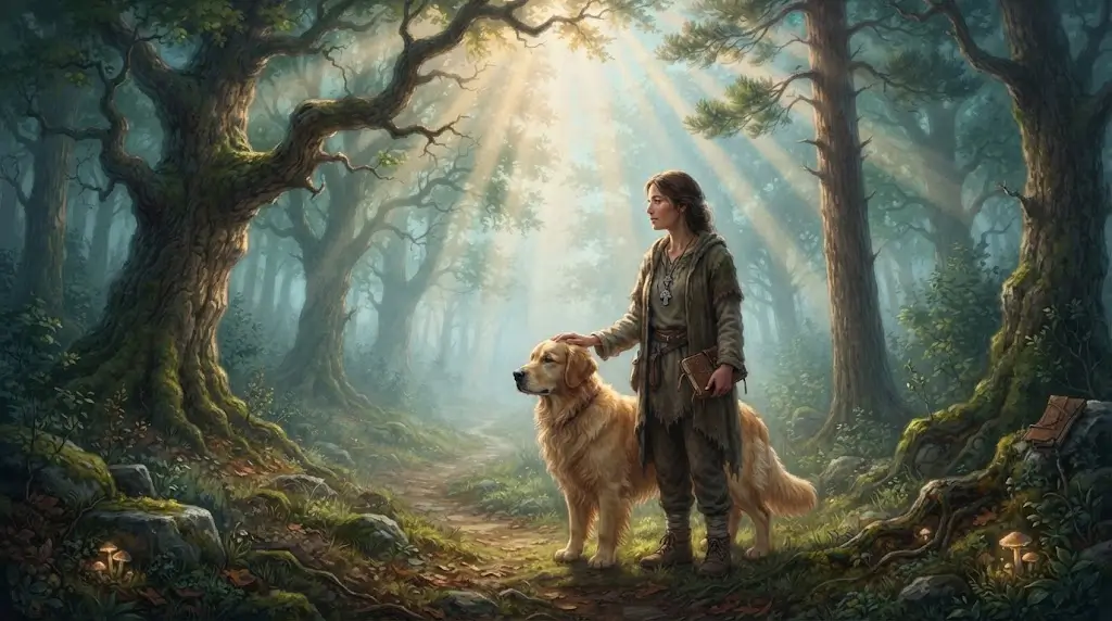 Calm dog sitting in warm doorway light, symbolizing loyalty in dog dream meaning
