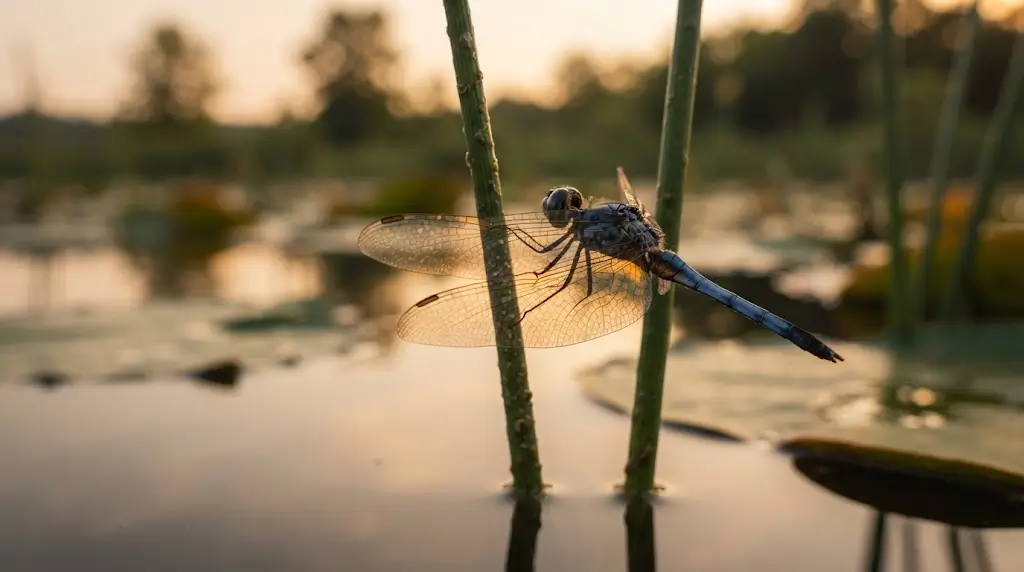 Dragonfly resting on a reed with sunlit wings, representing dragonfly spiritual meaning