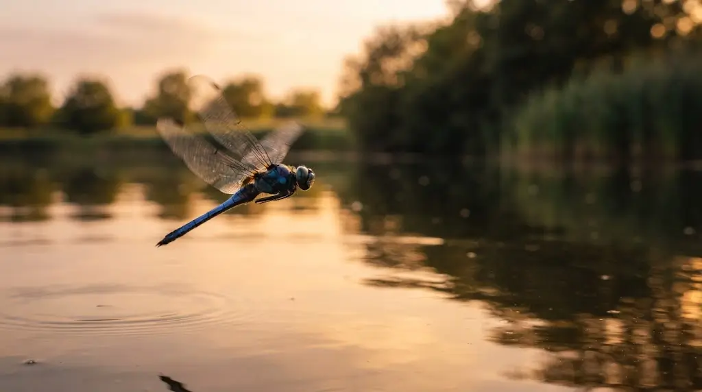 Dragonfly in flight over water, representing transformation in dragonfly spiritual meaning