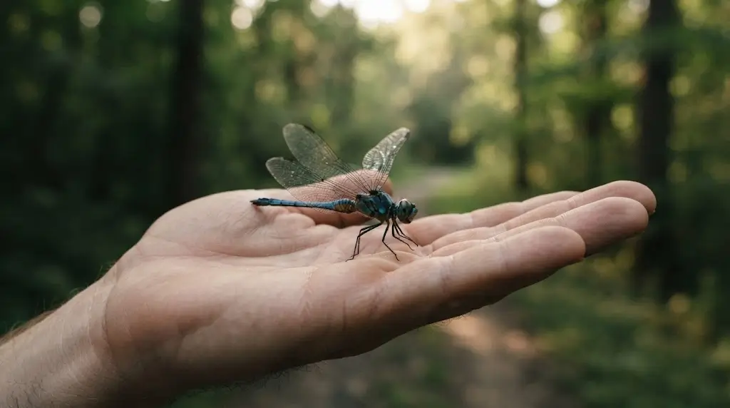 Dragonfly resting on an open hand, representing personal transition in dragonfly spiritual meaning
