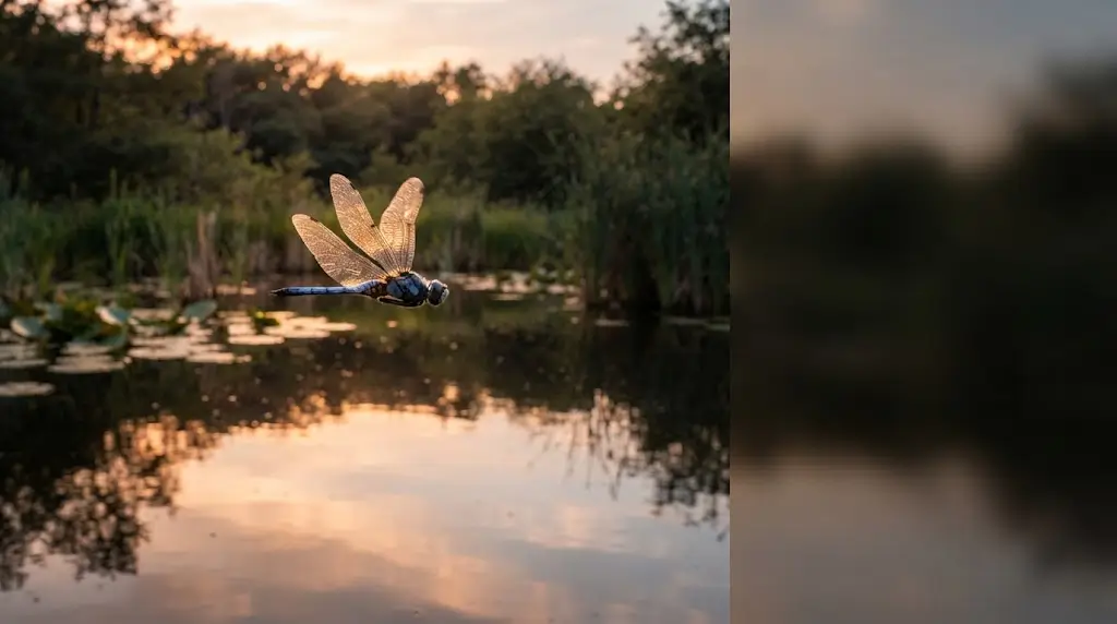 Dragonfly in flight above a golden pond, representing dragonfly spiritual meaning