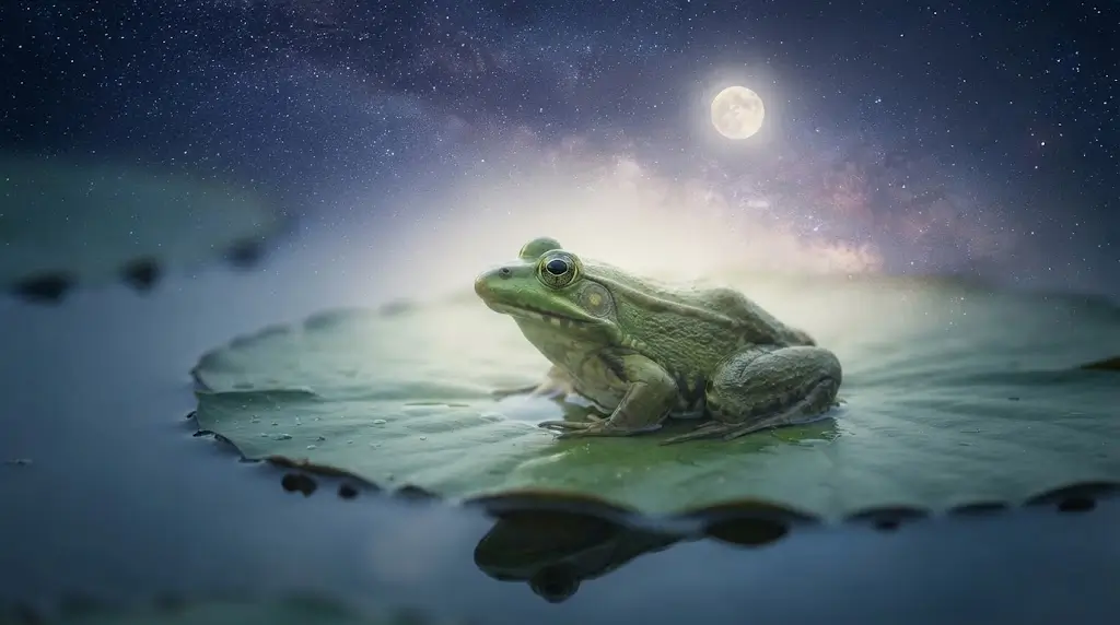 Frog on a lotus leaf under a starry sky representing frogs in dreams meaning
