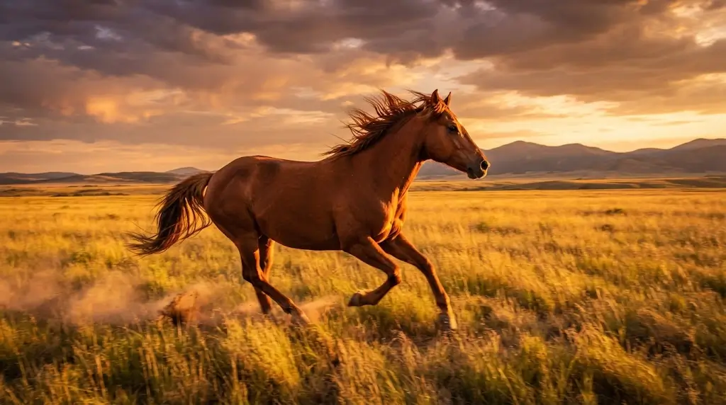 Horse running across a golden field representing dreams of horses meaning