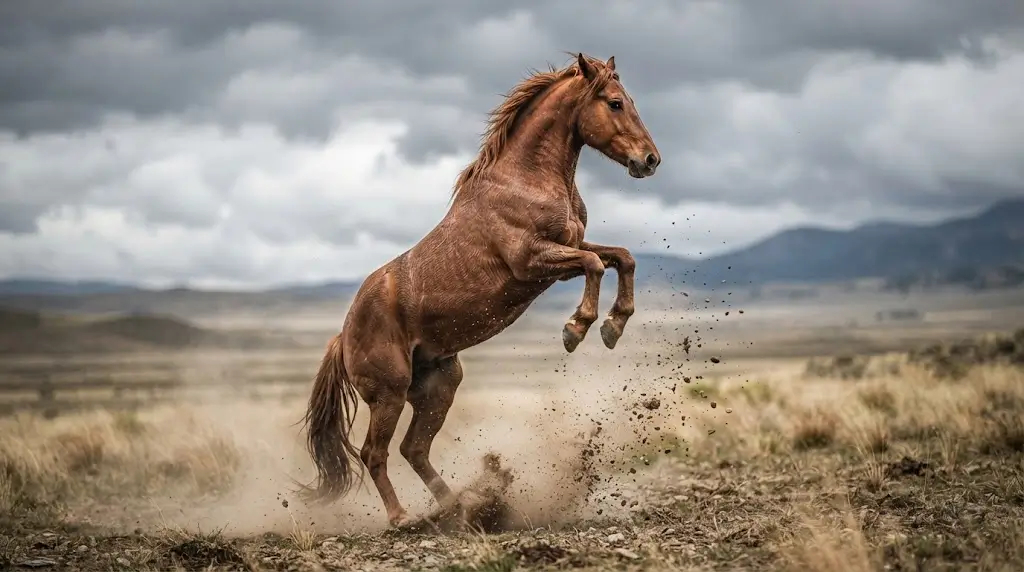 Wild horse rearing up representing uncontrolled horse dream scenarios