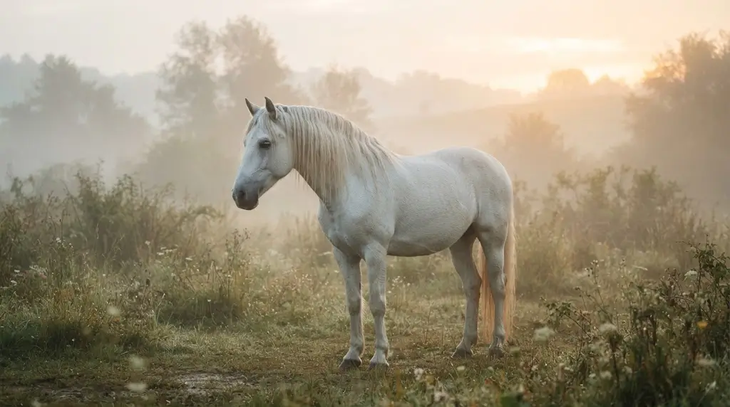 White horse standing in a misty meadow symbolizing the spiritual meaning of horses in dreams