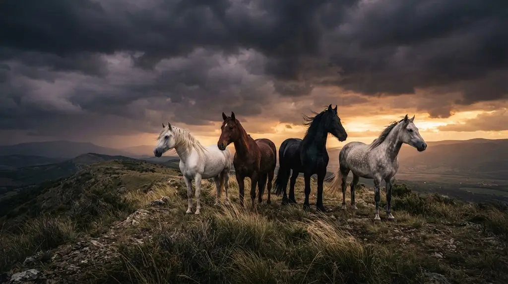 Four horses in different colors representing biblical horse symbolism in dreams