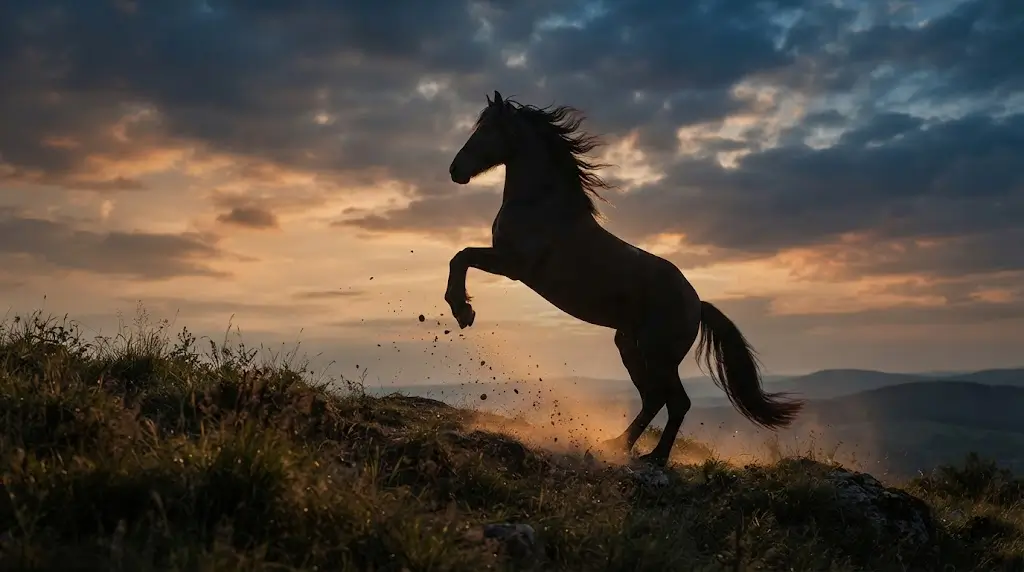 Horse rearing on a hilltop at dusk representing dreams of horses meaning