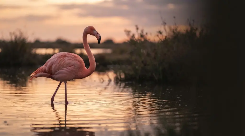 Flamingo standing in golden hour water, representing flamingo dream meaning