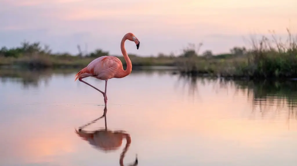 Pink flamingo standing on one leg at sunrise, representing flamingo dream meaning