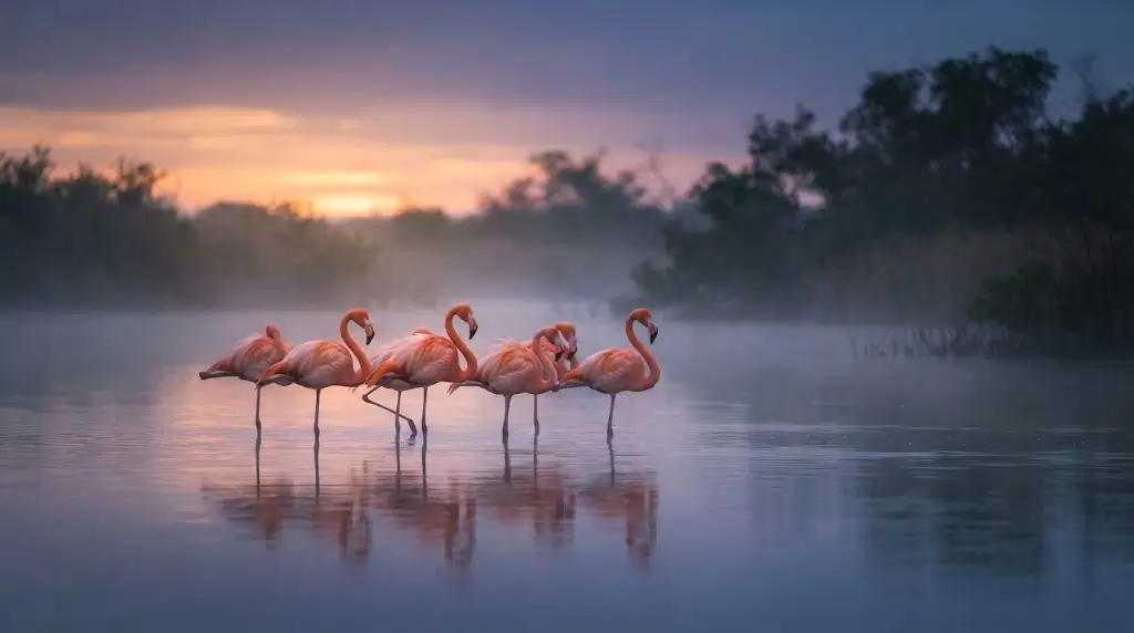 Flock of flamingos in shallow water at dusk, representing the spiritual meaning of a flamingo dream