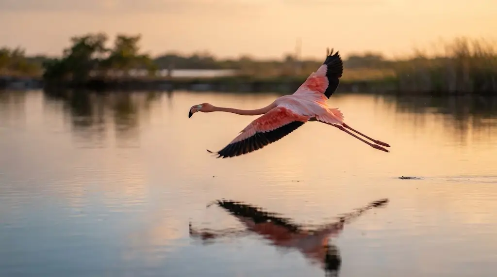 Flamingo in flight over water, representing freedom in flamingo dream scenarios