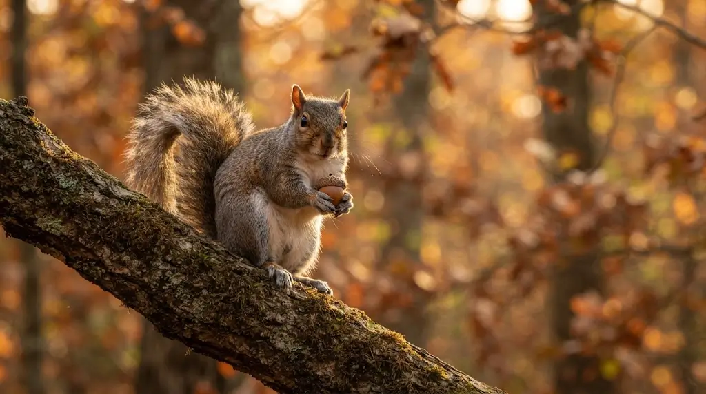 Squirrel on a tree branch at golden hour, representing squirrel spiritual meaning and symbolism.