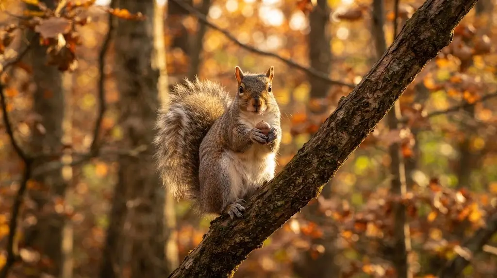 Squirrel holding an acorn on a tree branch, representing squirrel spiritual meaning and preparation.