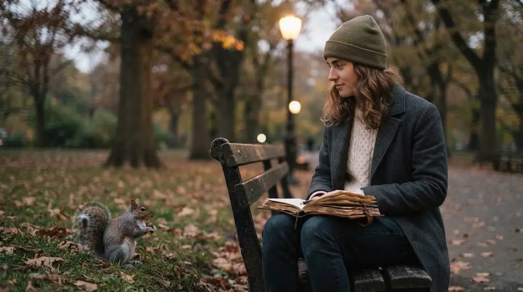 Person journaling while watching a squirrel, reflecting on squirrel spiritual meaning.