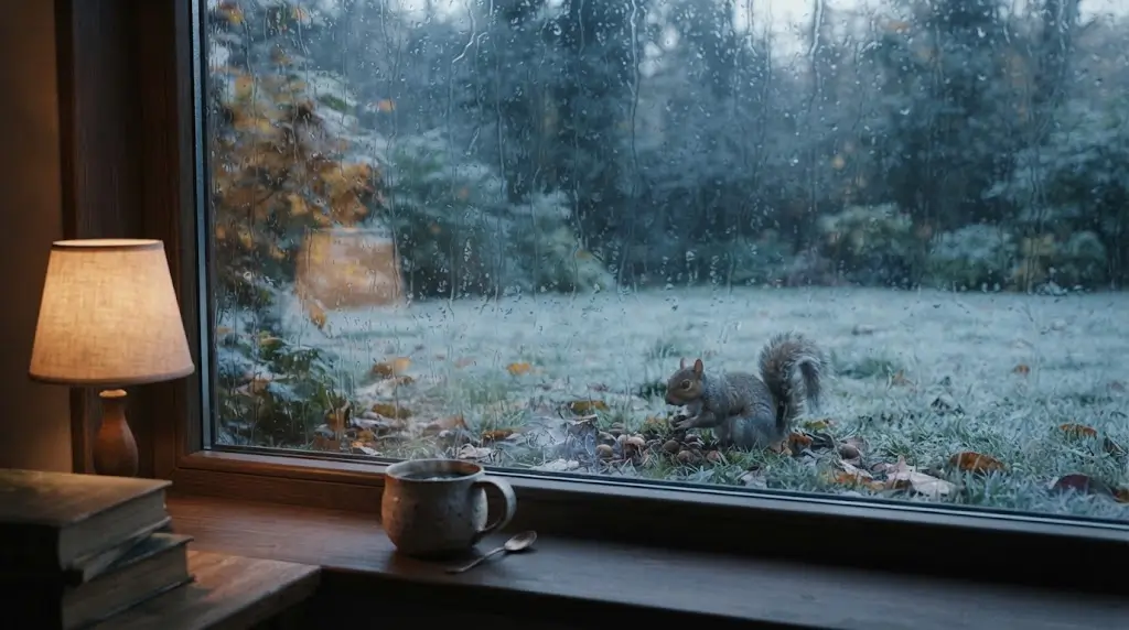 Squirrel gathering food outside a window during a season of uncertainty, symbolizing preparation and quiet reassurance.