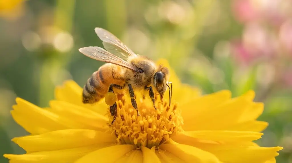Honeybee on a flower representing bee spiritual meaning and purposeful work.