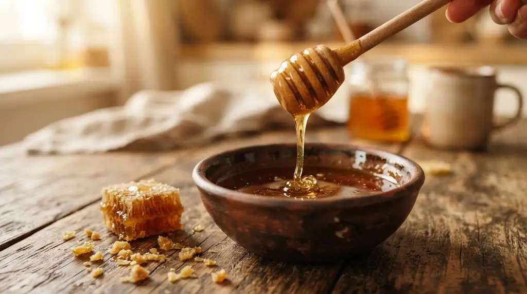 Honey dripping from a dipper, representing the biblical meaning behind bee spiritual meaning.
