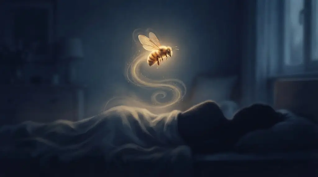 Glowing bee above a sleeping figure, representing bee spiritual meaning in dreams.