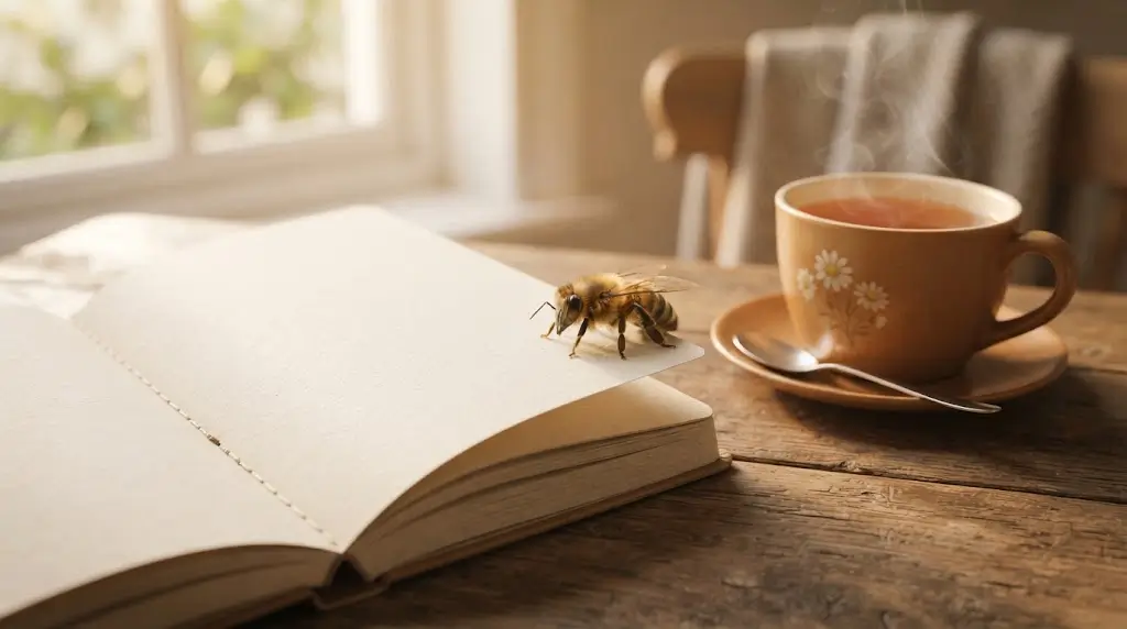 Bee resting near an open journal, symbolizing reflection on bee spiritual meaning.