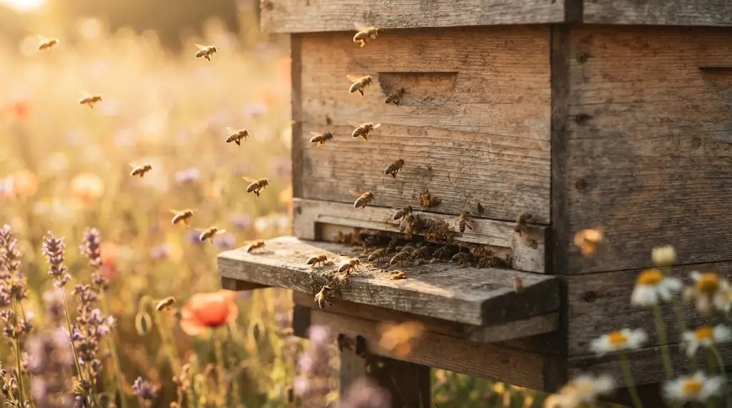 Beehive at golden hour representing bee spiritual meaning and community.