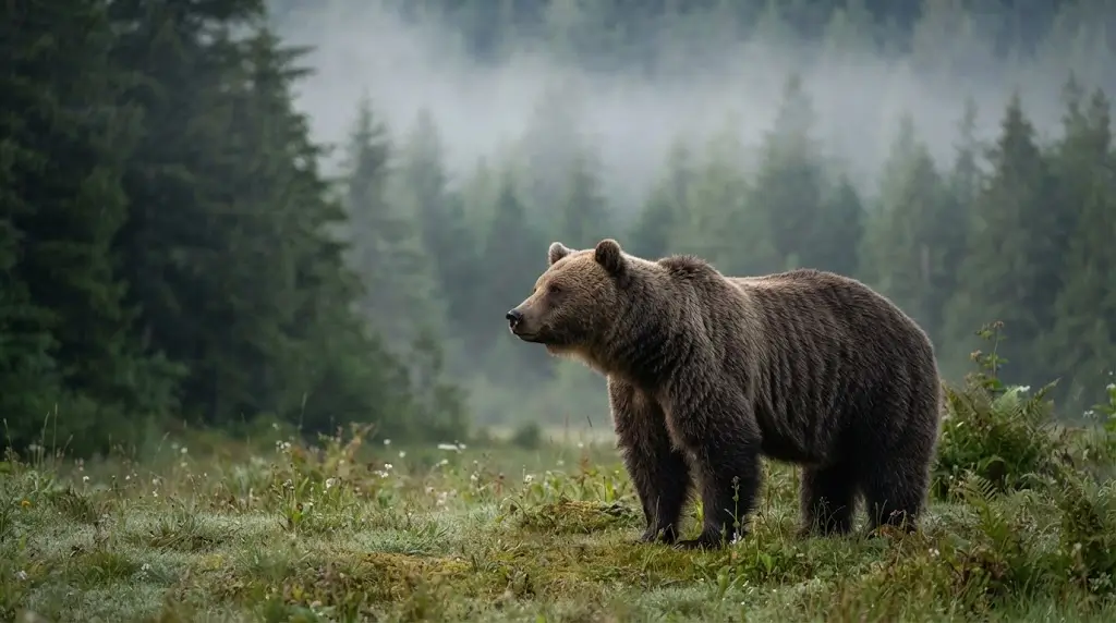 Brown bear standing calmly in a misty forest clearing, representing bear dream meaning and inner strength.