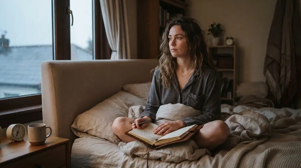 Person reflecting after waking from a bear dream, considering its bear dream meaning.