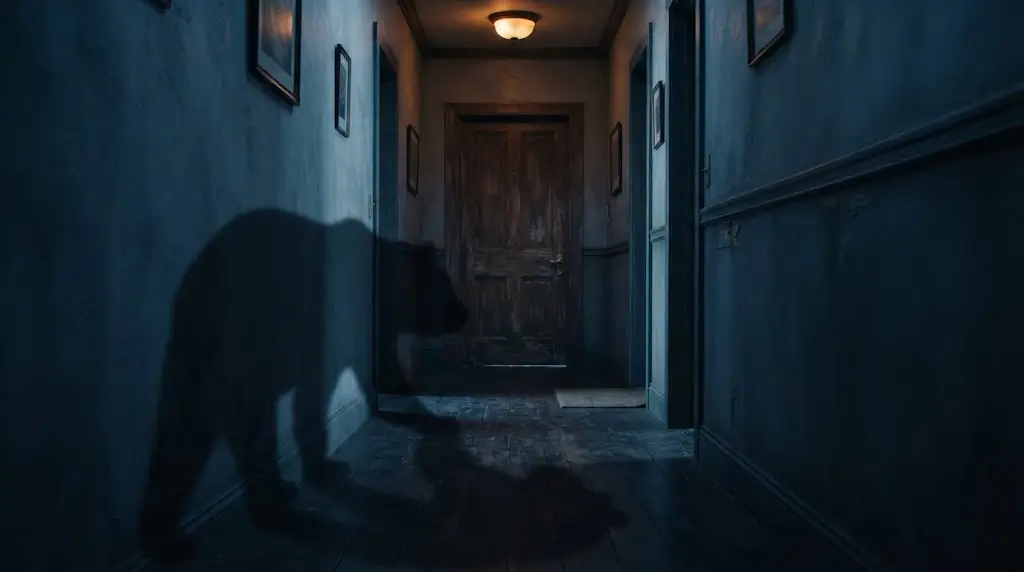 Shadow of a bear cast across a hallway leading to a closed door, symbolizing bear dream meaning and an avoided decision.