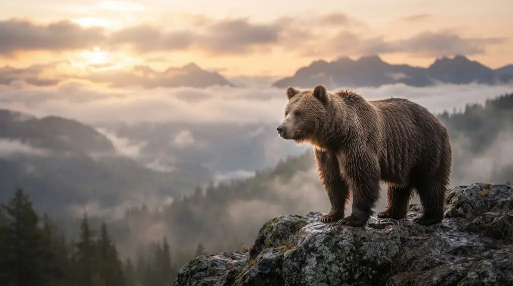 Brown bear standing on a rocky overlook at dawn, representing bear dream meaning and inner strength.