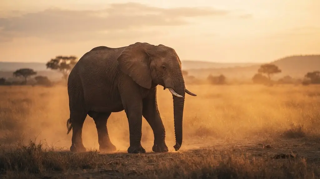 Elephant standing on a savanna at golden hour, representing elephant dream meaning