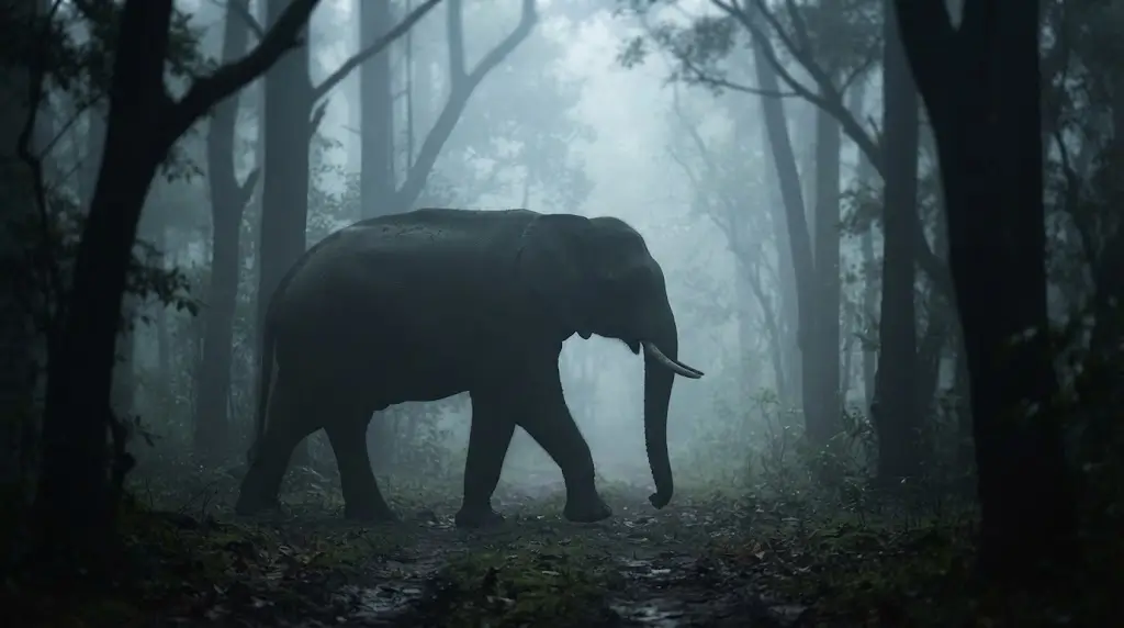 Silhouette of an elephant walking through morning mist, representing psychological depth in elephant dream meaning