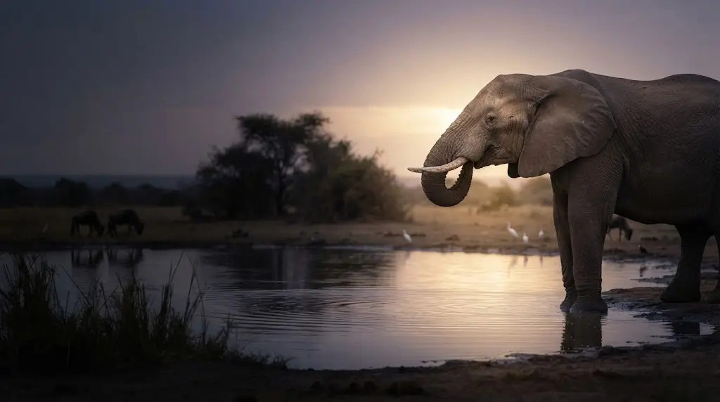 Elephant standing at a watering hole at dusk, representing elephant dream meaning